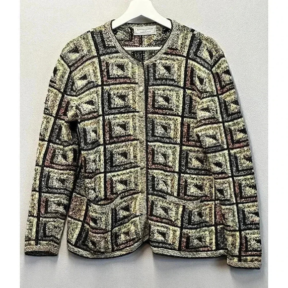 Sweaters - Vintage South Cotton Geometric Hand Knitted Multicolor‎ Abstract Cardigan Size